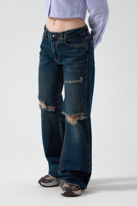 Mavi Yırtıklı Baggy Flare Jean