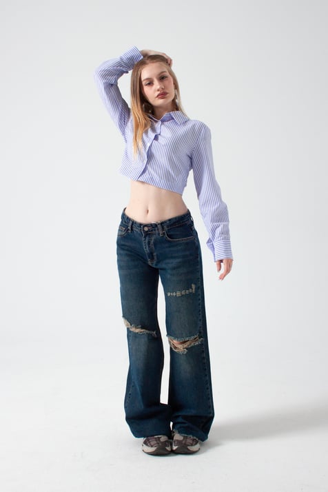 Mavi Yırtıklı Baggy Flare Jean