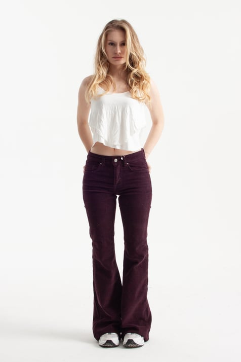Mor İnce Fitilli Kadife Kumaş Flare Jean