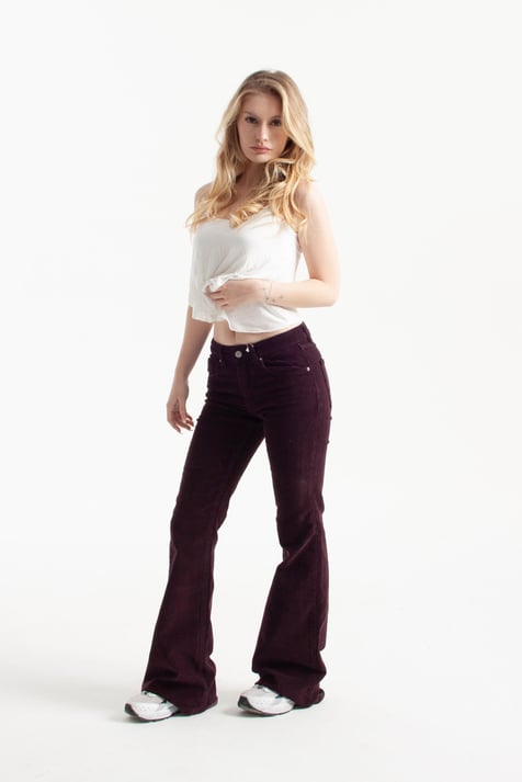 Mor İnce Fitilli Kadife Kumaş Flare Jean