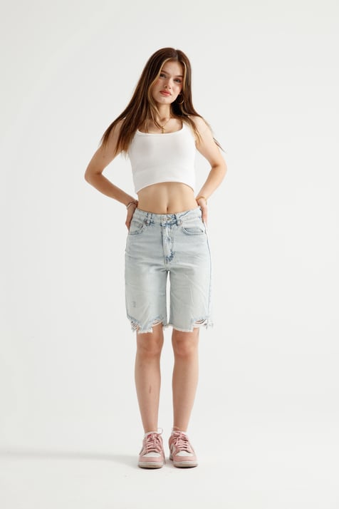 Pasifik Mavi Yırtıklı Mom Fit Şort