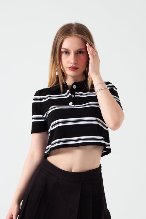 Siyah Çizgili Polo Yaka Crop T-Shirt