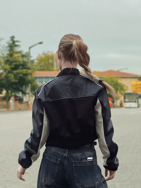 Siyah Crop Biker Ceket
