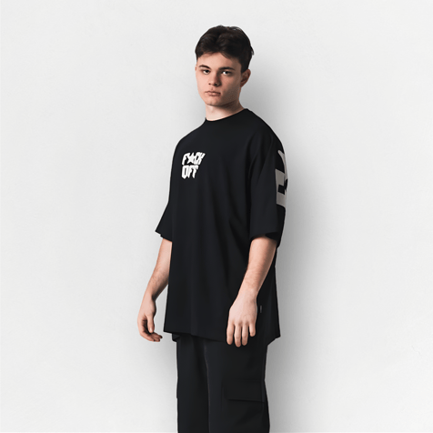 Siyah FUCK OFF Baskılı Unisex Oversize Tişört