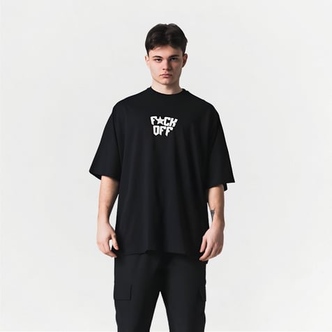 Siyah FUCK OFF Baskılı Unisex Oversize Tişört