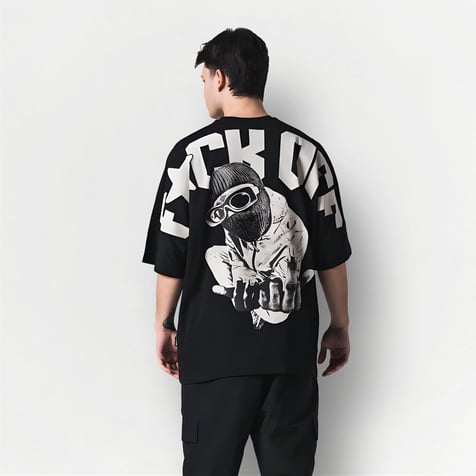 Siyah FUCK OFF Baskılı Unisex Oversize Tişört