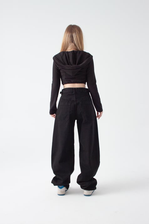 Siyah Kemer Detay Wide Leg Jean