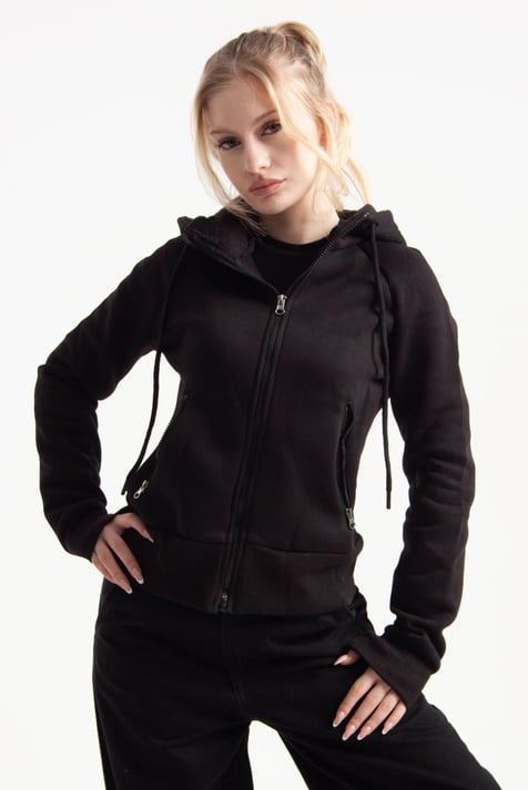 Siyah Vücuda Oturan Kışlık Zip-Hoodie