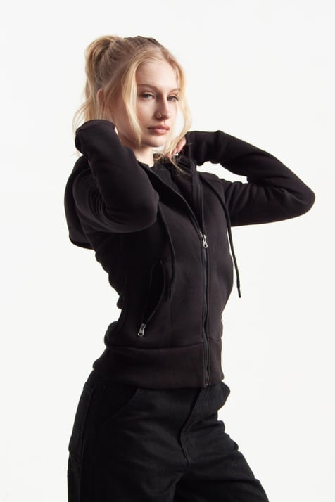 Siyah Vücuda Oturan Kışlık Zip-Hoodie