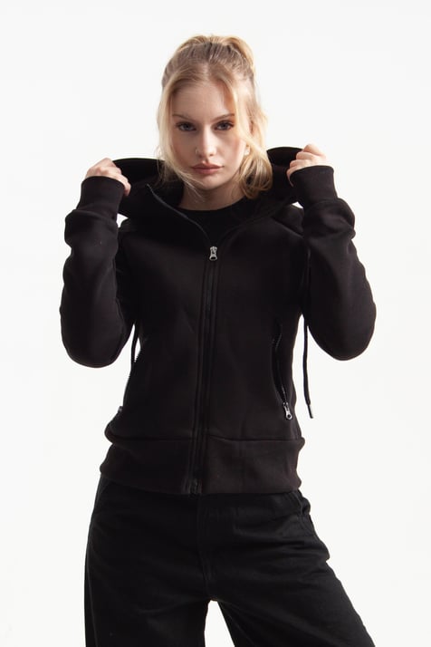 Siyah Vücuda Oturan Kışlık Zip-Hoodie