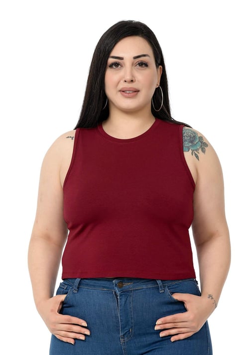 Büyük Beden Bisiklet Yaka Kolsuz Crop Viskon Bordo Body