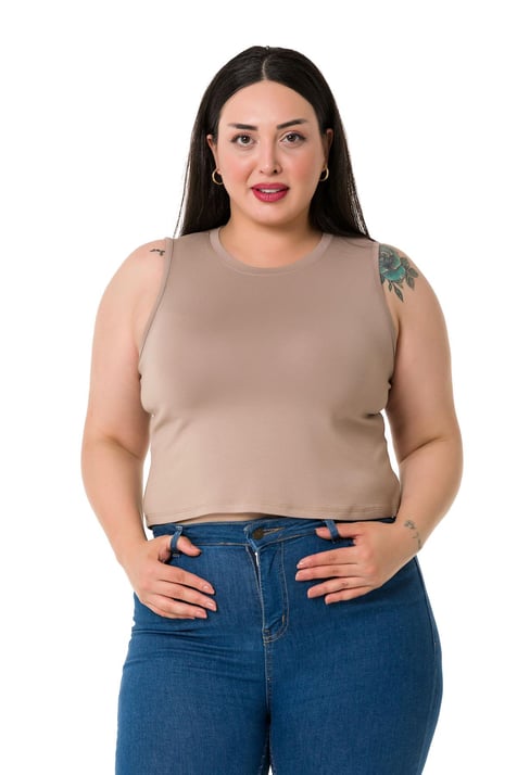 Büyük Beden Bisiklet Yaka Kolsuz Crop Viskon Vizon Body