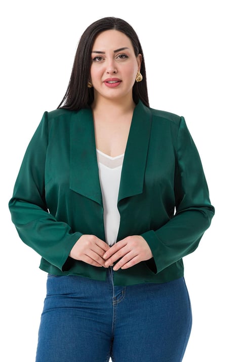 Plus Size Shawl Collar Unlined Short Satin Emerald Jacket