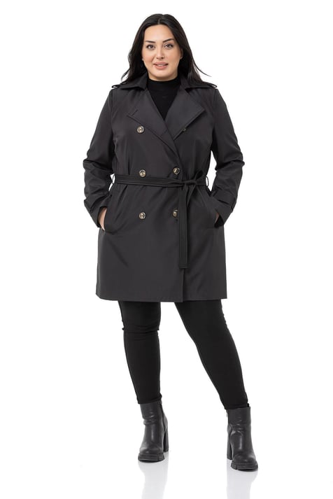 Plus Size Double Breasted Belted Lined Black Trench Coat