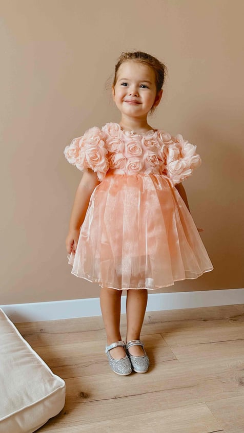 Girls Dress with Salmon Rose Detail and Tulle Skirt - Nelia