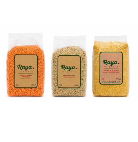 Organik Kırmızı Mercimek 1 kg, Organik Yeşil Mercimek 1 kg ve Organik Köftelik Bulgur 1 kg 3'lü Set