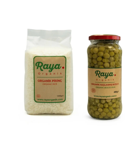 Organik Pirinç 1 kg - Organik Haşlanmış Bezelye 400 gr 2'li Set