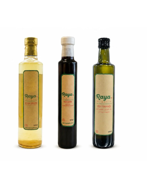 Organik Zeytin Yağı 500 gr -Organik Nar Ekşisi 340 gr - Organik Elma sirkesi 500 gr 3'lü Set Salata Paketi