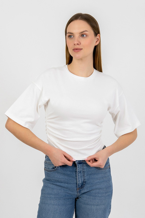 Hdm Kadın Ekru Yanları Büzgülü Kısa Kol T-Shirt - H6085