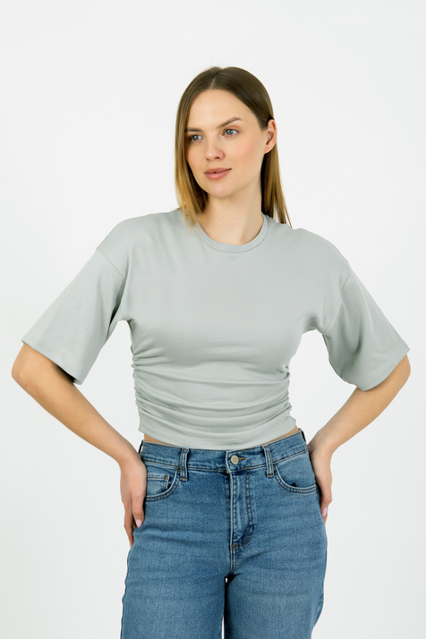 Hdm Kadın Gri Yanları Büzgülü Kısa Kol T-Shirt - H6085