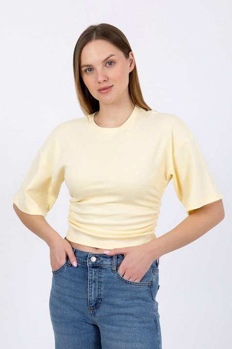 Hdm Kadın Sarı Yanları Büzgülü Kısa Kol T-Shirt - H6085