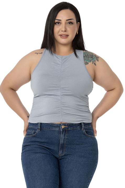 Büyük Beden Önü ve Yanları Drapeli Halter Yaka Gri Body