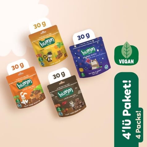 Organik Vegan Puf Glutensiz Kek Atıştırmalık Paketi 4 adet (4 çeşit) görseli.
