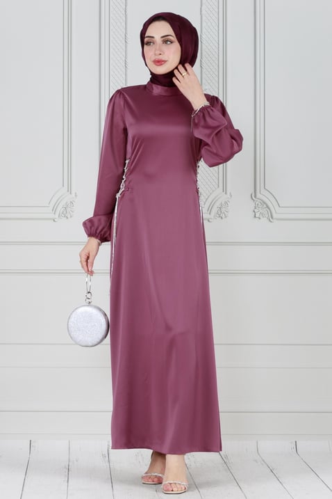 Satin evening dress - with straps studded with  stones-pink