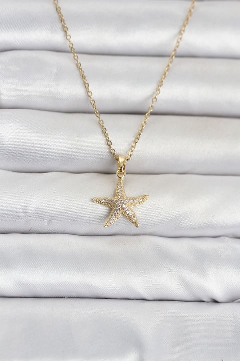 316L Çelik Zincir Gold Renk Deniz Yıldızı Model Zirkon Taşlı Kadın Kolye