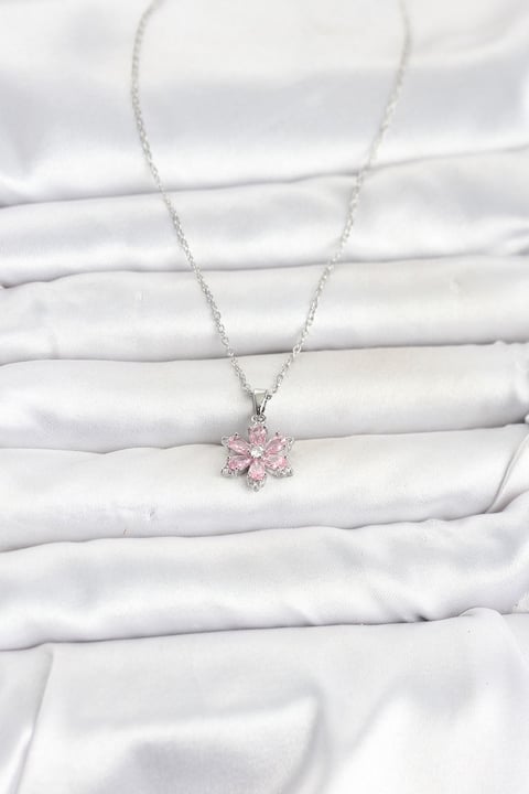 316L Çelik Zincir Gümüş Renk Pembe Zirkon Taşlı Lotus Model Kadın Kolye