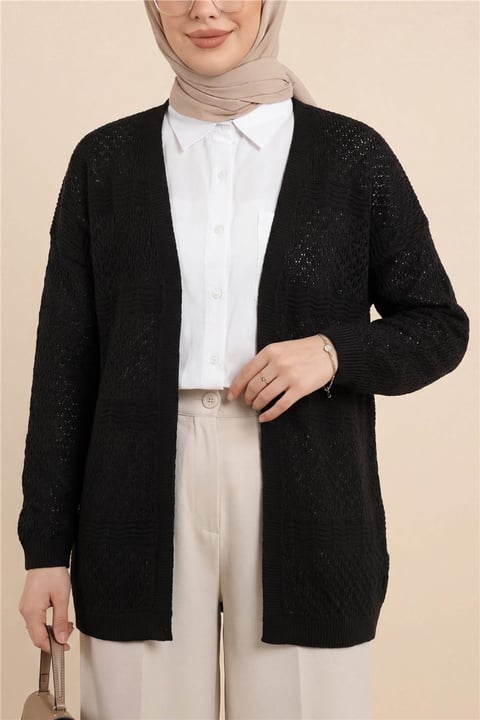 Ajurlu Dalga Desenli Triko Hırka -Kahve-Hırka-109-9796-R15