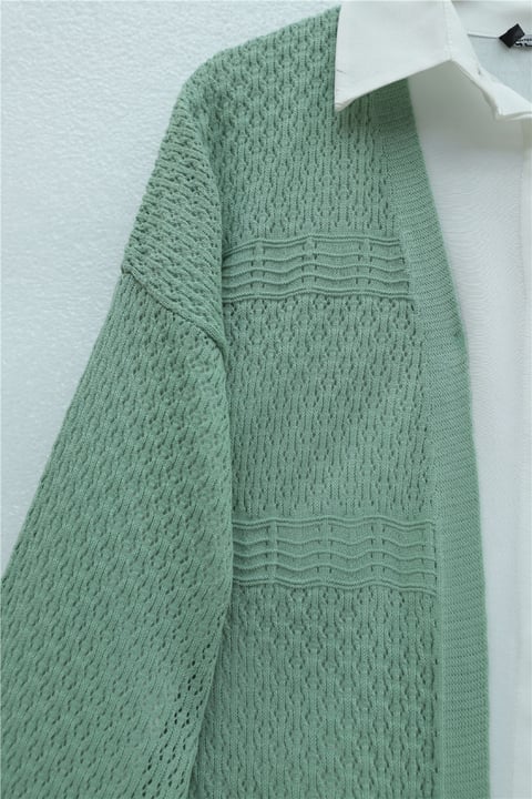 Ajurlu Dalga Desenli Triko Hırka  -Mint-Hırka-109-9796-R24