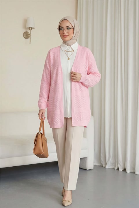 Ajurlu Dalga Desenli Triko Hırka  -Pembe-Hırka-109-9796-R20