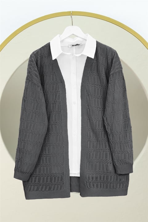 Ajurlu  Desenli Baharlık Hırka   -Füme-Hırka-109-9869-R18