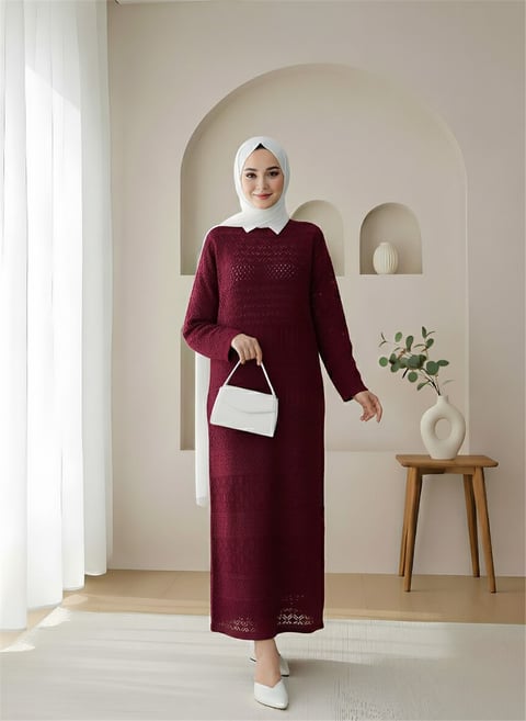 Ajurlu Desenli Triko Elbise -Bordo-Elbise-109-9763-R04