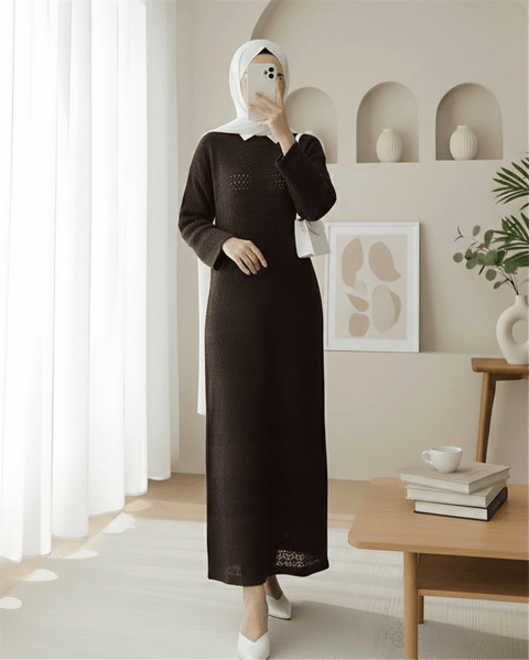 Ajurlu Desenli Triko Elbise -K. Kahve-Elbise-109-9763-R54