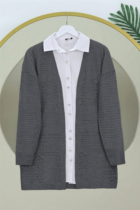 Ajurlu Mevsimlik Triko Hırka   -Füme-Hırka-109-9824-R18