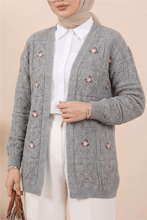 Ajurlu Nakışlı Hırka    -Gri-Hırka-109-0104-R11