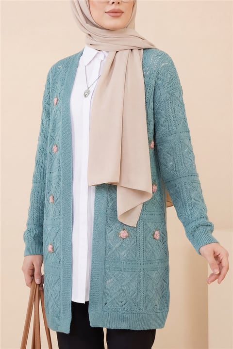 Ajurlu Nakışlı Hırka -Mint-Triko Hırka-109-0104-R24