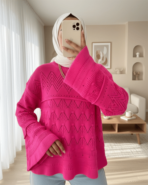 سترة تريكو مخرمة بأكمام طويلة - فوشيا-Kazak-351-3115-R14