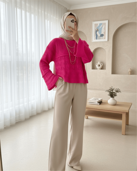 سترة تريكو مخرمة بأكمام طويلة - فوشيا-Kazak-351-3115-R14
