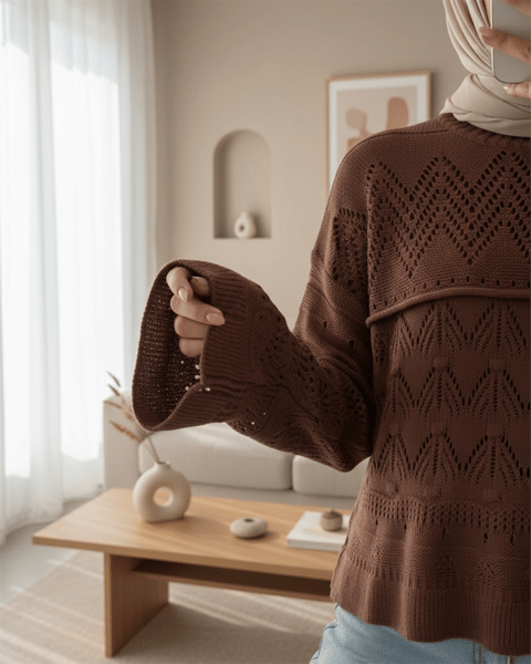 سترة تريكو بأكمام طويلة من Openwork Pompom - بني-Kazak-351-3115-R15