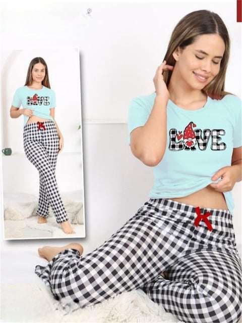 Altı Ekoseli Yazı Desenli Kısa Kollu Pijama Takımı  -Su Yeşili-Pijama-416-58415-R36