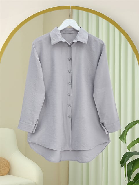 Gömlek-Arkası Uzun Düğmeli Poplin Gömlek -Açık Gri-349-60001-R41