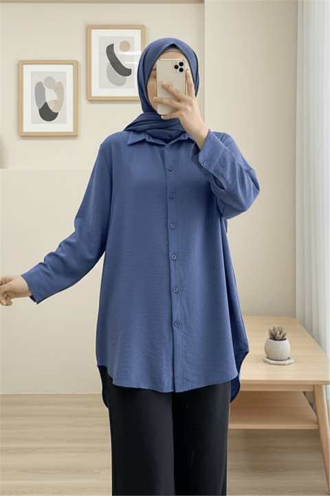 Arkası Uzun Düğmeli Poplin Gömlek -İndigo-Gömlek-349-60001-R21