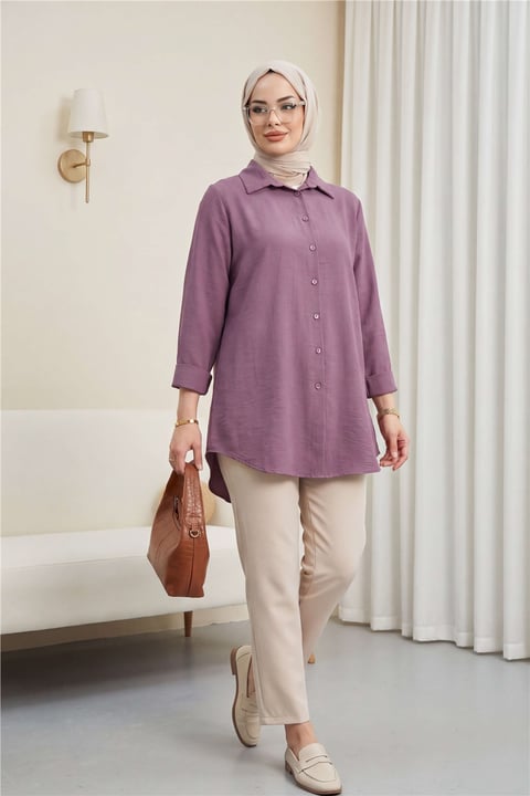 Arkası Uzun Düğmeli Poplin Gömlek -Vişne-Gömlek-349-60001-R44