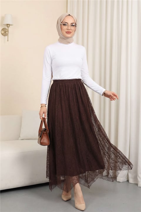Asimetrik Kesim Astarlı Beli Lastikli Tül Etek -K. Kahve-Etek-386-6286-R54