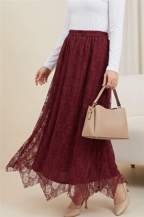 Asimetrik Kesim Astarlı Beli Lastikli Tül Etek -Bordo-Etek-386-6286-R04