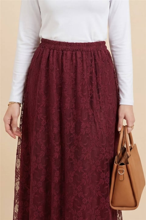 Asimetrik Kesim Astarlı Beli Lastikli Tül Etek -Bordo-Etek-386-6286-R04