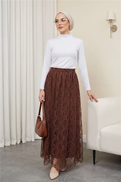 Asimetrik Kesim Astarlı Beli Lastikli Tül Etek -Kahve-Etek-386-6286-R15